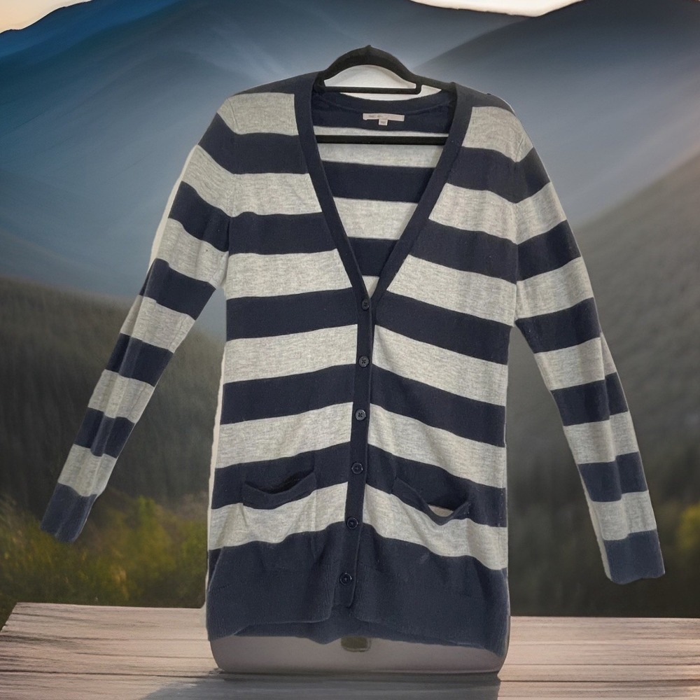Gap Sweater Womens Small Blue Striped V Neck Button‎ Cardigan Pockets Wool Blend